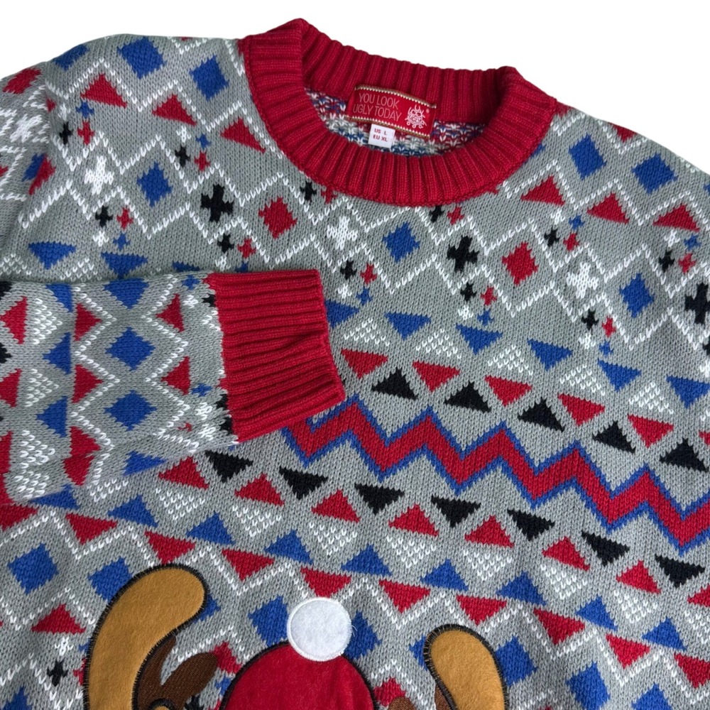 You Look Ugly Today Mens L Sweater Grey Reindeer Light Up LED Holiday READ